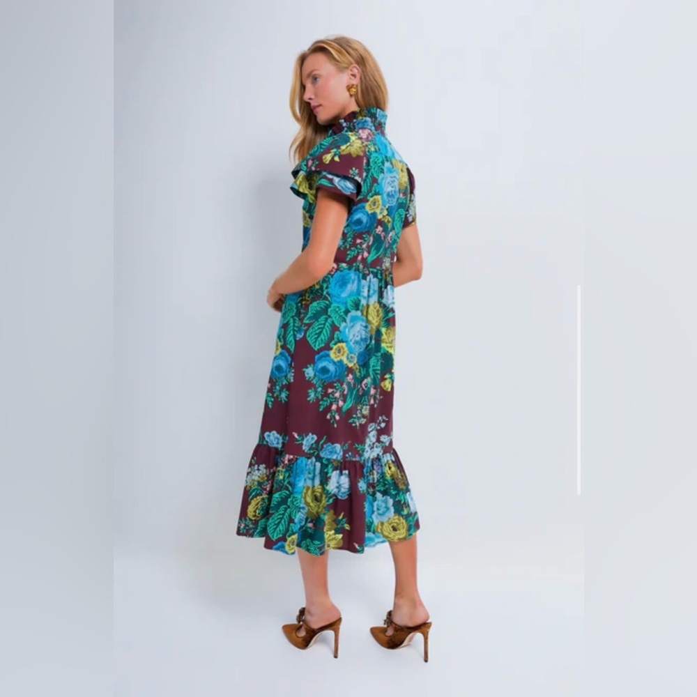 Tuckernuck Alice Verdant Floral Midi Dress NWT Small Oxblood Ruffle Sleeve - Picture 2 of 14